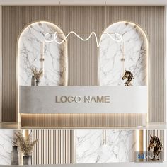 the interior of a boutique with marble and gold accents