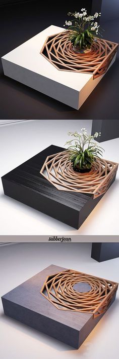 three different views of a planter made out of wood and plexed metal