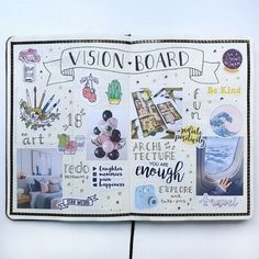 an open book with various pictures and words on it, including the word vision board