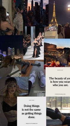 a collage of photos with people and words on them, including the eiffel tower in the background