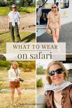 A midlife woman is pictured in Southern Africa, wearing four different safari outfits in neutral colors including, green, brown, beige and rust. In two photos she wear shorts or a romper and in one she has long green pants on. In another you only see her top half and she wears a brown linen shirt and scarf. What To Wear On Safari, September Outfits, Most Beautiful Places On Earth