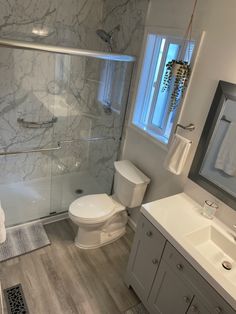 a white toilet sitting next to a walk in shower