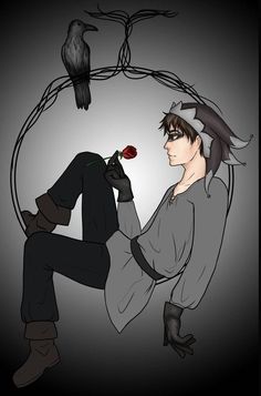 a drawing of a man with a rose in his hand and two crows on the background