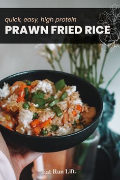 Try this quick and delicious high protein prawn fried rice recipe that combines succulent prawns with a colourful medley of vegetables and fragrant jasmine rice. Packed with protein and bursting with flavour, this jasmine rice meal idea is perfect for a nutritious and satisfying lunch or dinner. Meal prep ahead of time to save time throughout the week. Fuel your body and support a healthy diet with the quick and easy seafood recipe. Healthy Bowl Recipes, Prawn Fried Rice, Prawn Stir Fry, Prawns Fry, Bowls Recipes, Healthy Bowl