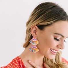 Rainbow Double Tile Earrings – Sunshine Tienda® Spanish History, Tile Earrings, Double Earrings, Talavera Tiles, Painted Jewelry, Hand Painted Jewelry, New Braunfels, Color Crush, Dressy Dresses