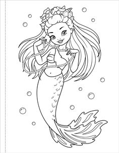 the little mermaid with long hair is swimming in the water coloring book for adults and children