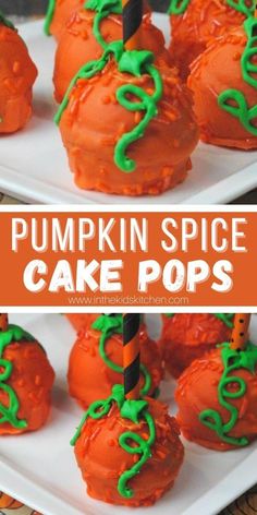 pumpkin spice cake pops on a white plate