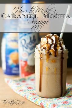 caramel mocha frappe in a glass with whipped cream on top