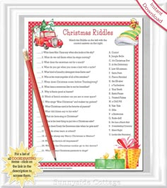 christmas riddles printable with a pencil and present boxes on the bottom right hand corner