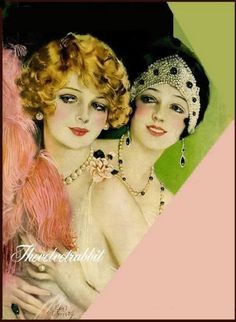 an old fashion magazine cover with two women in evening dresses and pearls on their heads