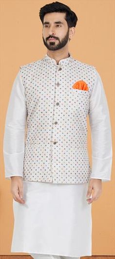 White and Off White color Nehru Jacket in Polyester Silk fabric with Printed work White Nehru Jacket With Stand Collar For Festive Occasions, White Nehru Jacket For Wedding In Winter, White Nehru Jacket For Winter Wedding, Festive White Nehru Jacket With Stand Collar, White Fitted Nehru Jacket For Spring, White Festive Nehru Jacket With Stand Collar, White Nehru Jacket For Spring Wedding, White Long Sleeve Bandhgala For Winter, Festive White Outerwear With Stand Collar