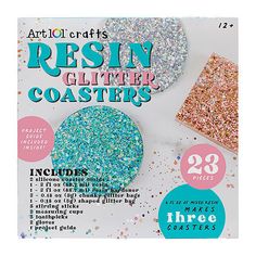 craft kit with glitter coasters on it and instructions to make them look like they're