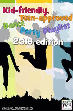 an advertisement for a dance party with silhouettes of people jumping in the air and holding hands up