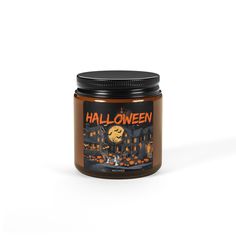 a jar of halloween candles on a white background