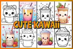 cute kawaii coloring pages with different drinks