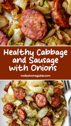 sausage and cabbage with onions on a white plate