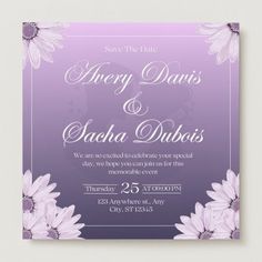 save the date card with purple daisies