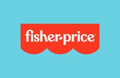 the fisher price logo is shown in red and white on a blue background with an orange scallop