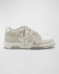 Off-White "Out of Office" runner sneakers in two-tone calf leather and polyester. Flat heel. Perforated round toe. Lace-up vamp. Signature arrow appliqué at sides. Signature leather tag at sides. Rubber sole. Made in Italy. Off White Women Sneakers, Out Of Office Off White Sneakers Outfit, Off White Sneakers Outfit, Off White Shoes Outfit, Luxury Sneakers Women, Wishlist Shoes, Off White Trainers, Sneakers 2024, White Shoes Outfit