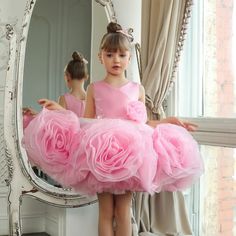 DreamyVow Elegant Pink Arab Girl Dress Handmade Flowers V-Neck Kids Pr Pink Birthday Dresses For Kids, Dresses Pink Kids, Orange Evening Dresses, Gown For Kids, Birthday Gown, Arab Girl, Yellow Evening Dresses, Handmade Girls Dress, Silver Evening Dress