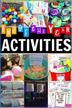 the words end of the year activities are shown in this collage with pictures and balloons