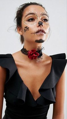 Easy Catrina Makeup, Halloweenský Makeup, Halloween Make-up Looks, Halloween Beauty, Halloween Makeup Pretty