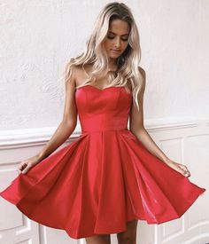 Red Homecoming Dresses Short, Strapless Homecoming Dresses, Red Formal Dresses, Short Satin Dress, Short Red Prom Dresses, Dress With Corset, Formal Ball Gown, Satin Homecoming Dress, Red Homecoming Dresses