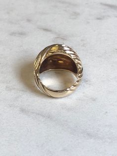 "An Unique and Beautiful 14kt Yellow Gold Lady's Dome Ring with a swirl etching and is 7mm high. This ring is a finger size 5, weighs 11.00 grams and is 3/4\" wide. This item would Retail for $1,698.00" Wide Band 14k Fine Jewelry Ring, Stamped 14k Wide Band Ring Fine Jewelry, Elegant 14k Gold Etched Rings, Carved Yellow Gold Rings, Carved Round Rings In Fine Jewelry Style, Carved Round Fine Jewelry Rings, Carved Fine Jewelry Rings, Fine Jewelry Carved Yellow Gold Rings, Elegant Carved Round Signet Ring