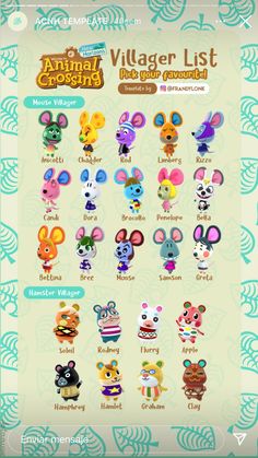 the animal crossing character list is shown in this screenshoter image, and it's all different colors