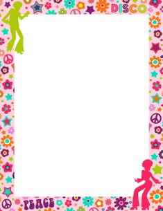 a pink frame with colorful flowers and people in the center, on a white background