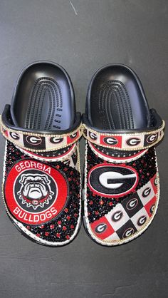 Customized Crocs by Majorbandscharms. Made to order. Ga Bulldogs, Hey Dude, Georgia Bulldogs, Clogs Shoes, May 27, White Oak, Clogs, Bulldog, Bones