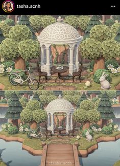 an artistic rendering of a gazebo in the middle of a park with trees and flowers