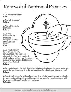 Renewal of Baptismal Promises - TheCatholicKid.com Anglican Prayers, Catholic Coloring Pages, Ccd Crafts, Catholic Sacraments, Catholic Prayers Daily, Catholic Confirmation, Catholic Baptism, Sunday School Classroom