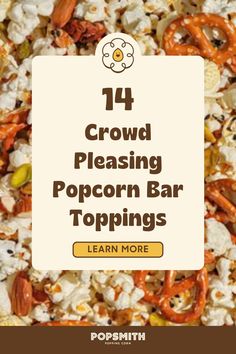 Not sure what popcorn bar toppings to prepare for your home popcorn bar? Whether you're looking for salty popcorn toppings or sweet popcorn toppings, we've got all the inspiration you need with these 14 ideas for popcorn bar toppings. Visit the Popsmith website now to read all about choosing popcorn toppings for events like a graduation party, house warming party, or birthday party. | popcorn bar Make Your Own Popcorn Bar, Popcorn Bars Ideas, Popcorn Bar Fall, Popcorn Retirement Party, Popcorn Bar Toppings Ideas, Popcorn Party Mix Recipes, Popcorn Toppings Bar, Popcorn Snack Bar