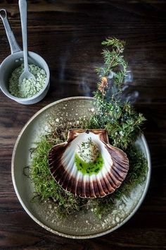 a clam shell with green sauce on it sitting on top of a wooden table