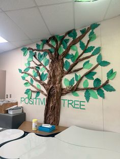 a tree with leaves painted on it in an office cubicle area at positivtree