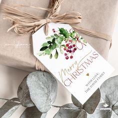 a present wrapped in brown paper and tied up with a tag that says merry christmas