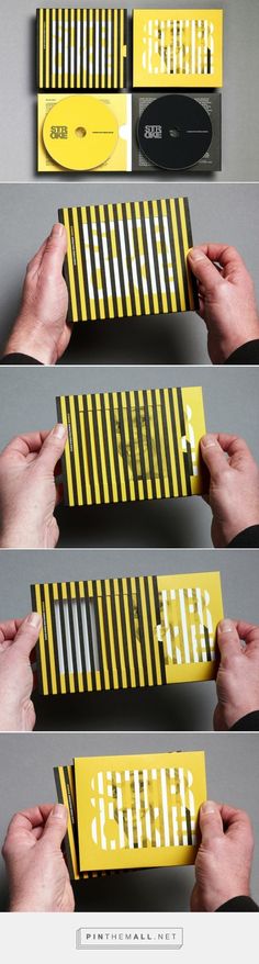 four photos showing the steps in how to fold a yellow and black striped paper box