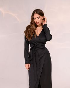 Fabric: Crepe diagonal Cotton 75%, Polyester 20%, Elastane 5% Long-sleeve dress Maxi length Wrap dress Collarless Color: White, Black, Red, Beige, Plum Surplice Dress, Black Wrap, Black Wrap Dress, Dress Maxi, Black Dresses, Long Sleeve Maxi Dress, Black Maxi Dress, Sleeve Dress, Black Red