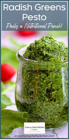 Photo of a jar of Radish Greens Pesto with radishes and radish greens scattered about. Radish Pesto, Radish Tops, Radish Greens, Radish Recipes, Green Pesto, Csa Recipes, How To Make Pesto, Marinade Recipes, Pesto Recipe