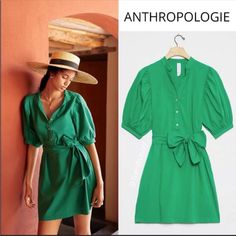 Nwt Anthropologie Green Amadi Glisy Short Puff Sleeved Mini Shirtdress Size S Brand New With Tags Puffed Sleeves And A Dainty Silhouette Make This Mini Dress An Everyday Favorite. 98% Cotton, 2% Spandex Puffed Sleeves Henley-Style Button Front Attached Belt Side Slant Pockets Pullover Styling Machine Wash Made In Usa Measurements Flat Approx: Pit-Pit: 20.5” Waist: 19.5” Length: 36” Falls From Shoulder To Hem Color: Green Check Out My Other Items Smoke Free & Pet Free Home No Trade Thanks For Sho Green Cotton Short Sleeve Mini Dress, Green Cotton Puff Sleeve Mini Dress, Green Button-up Mini Dress, Green V-neck Cotton Mini Dress, Green Short-sleeve Shirt Dress With Pockets, Distressed Dress, Sheer Mini Dress, Printed Tunic Dress, Textured Dress