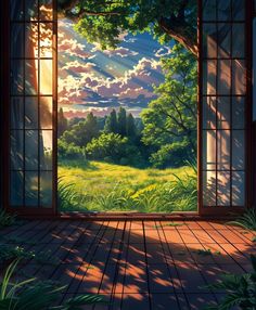 an open window looking out onto a lush green field with trees and clouds in the sky