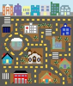 a cartoon city map with buildings, roads and streets in pixel art style royalty illustration