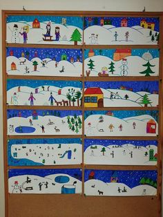 a bulletin board with snow scenes on it