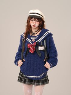 Set sail in style with our chic sailor collar sweater! This adorable piece showcases a classic sailor collar adorned with contrasting colored stripe patterns that extend to the hem and cuffs, adding a playful touch to the overall design. To complete the look, it comes with a matching bow tie that perfectly complements the sweater. Whether you're aiming for a cute and cozy look or want to channel some nautical vibes, this sweater is a versatile addition to your wardrobe.  Please note, the price i Sailor Inspired Fashion, Dark Nautical Outfits, Nautical Aesthetic Outfit, Sailor Collar Pattern, Sailor Coat, Ocs Design, Cartoon Story, Sailor Outfit, Nautical Aesthetic