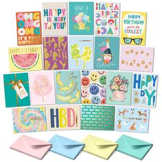 greeting cards and envelopes with happy birthday messages