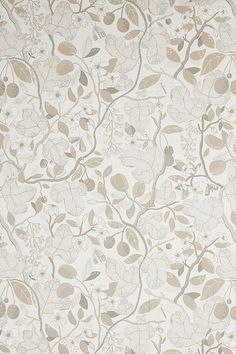 a wallpaper with flowers and leaves on it in beige, grey and white colors