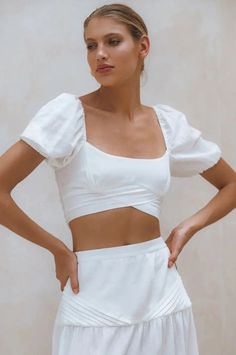 Blanca Linen Crop Top - crop top Chic Linen Crop Top For Spring, Fitted Smocked Back Crop Top With Short Sleeves, Fitted Short Sleeve Crop Top With Smocked Back, Casual Fitted Linen Crop Top, Fitted Linen Casual Crop Top, Chic Cropped Top With Smocked Bodice, Chic Square Neck Crop Top For Beach, Chic Smocked Bodice Crop Top, Linen Tops With Square Neck For Day Out