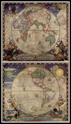 an old world map is shown in two different frames