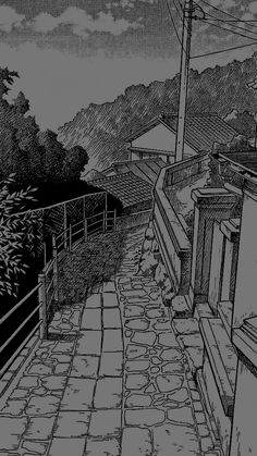 a black and white drawing of a stone path